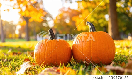 October brings a vibrant pumpkin harvest, with a large orange squash resting on the autumn grass among fallen leaves October brings a vibrant pumpkin harvest, with a large orange squash resting on the autumn grass among fallen leaves 130570185