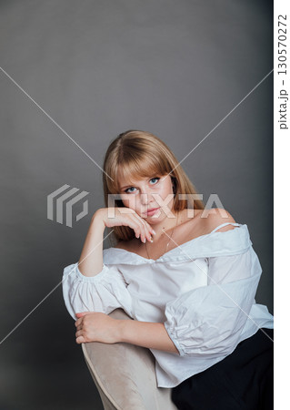 Beautiful Fashion Woman In White Shirt And Black Pants Beautiful Fashion Woman In White Shirt And Black Pants 130570272