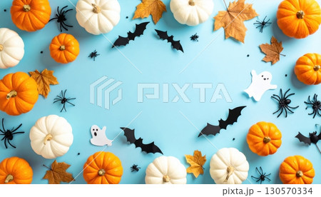 Seamless autumnal floral pattern with pumpkins and leaves, a perfect design for fall and Thanksgiving Seamless autumnal floral pattern with pumpkins and leaves, a perfect design for fall and Thanksgiving 130570334