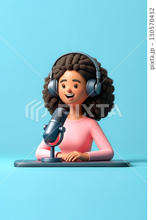 3d stylized cartoon woman podcast host with headphones and microphone, smiling and speaking into mic, content creator 130570432