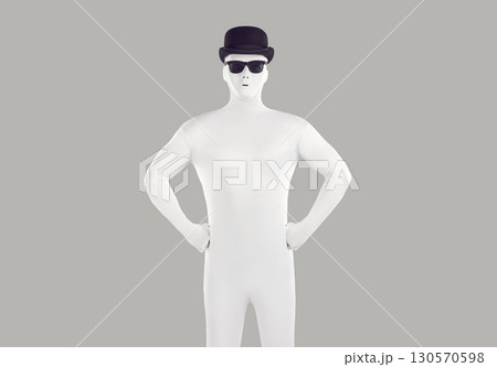 Portrait of faceless unrecognizable person wearing black hat and glasses in white spandex costume 130570598