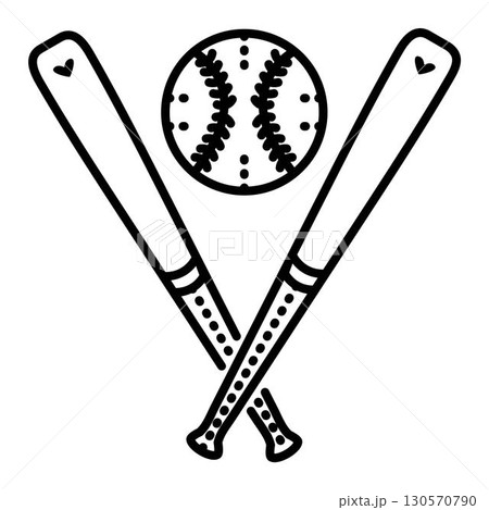 Baseball items, two crossed bats and ball. Vector monochrome illustration, icon of sport accessories 130570790