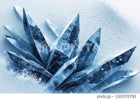 Sharp abstract icy crystal cluster with frosty texture and snow particles, decorative background 130570791