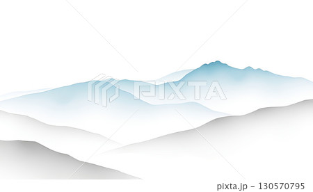 Minimalist soft watercolor mountain landscape with gentle blue and gray tones, foggy hills and peaks 130570795
