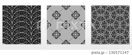 Geometric floral set of seamless patterns. Gray and black vector backgrounds. Damask graphic ornaments Geometric floral set of seamless patterns. Gray and black vector backgrounds. Damask graphic ornaments 130571147