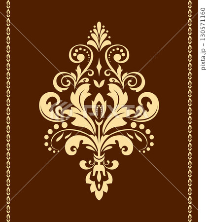 Damask graphic ornament. Floral design element. Golden and brown vector pattern 130571160