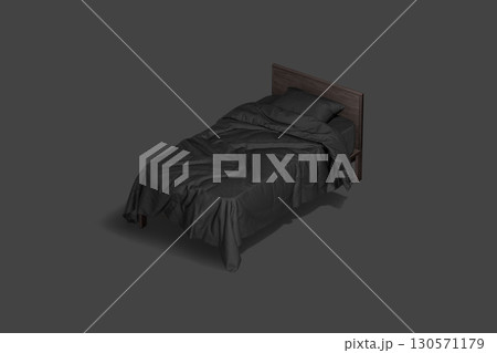 Blank wooden single bed with black bedding mockup, dark background 130571179