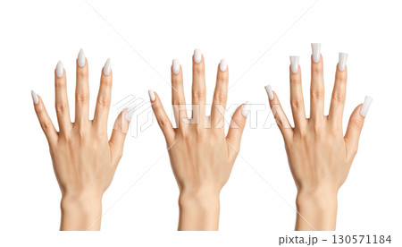 Hand with white almond, round, flared nails manicure, ai generated 130571184
