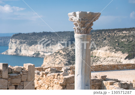 Ancient greek column overlooking Mediterranean sea at Kourion, Limassol District, Cyprus Ancient greek column overlooking Mediterranean sea at Kourion, Limassol District, Cyprus 130571287