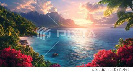 Stunning Tropical Sunset Paradise Beach Scene 130571460