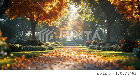 Autumn Path Golden Leaves  Sunlit Trees 130571463