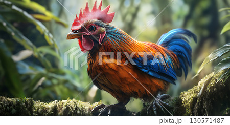 Vibrant Rooster in Lush Jungle Setting A Stunning Wildlife Photograph 130571487