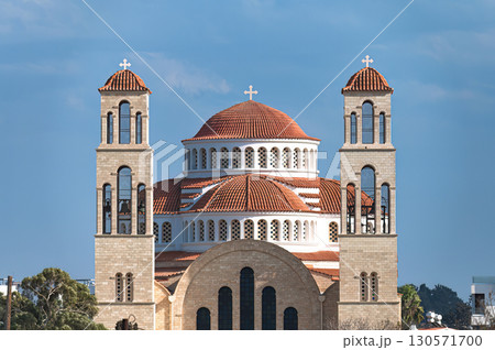 Church of Agion Anargyron showing its terracotta dome and bell towers in Paphos, Cyprus Church of Agion Anargyron showing its terracotta dome and bell towers in Paphos, Cyprus 130571700