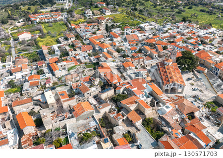 Aerial view of Pano Lefkara village in Cyprus showing traditional architecture and church Aerial view of Pano Lefkara village in Cyprus showing traditional architecture and church 130571703