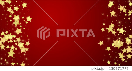 Magic stars vector overlay. Gold stars scattered around randomly, falling down, floating. Chaotic dreamy childish overlay template. Vector fairytale on red background. 130571775