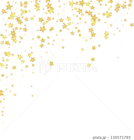 Magic stars vector overlay. Gold stars scattered around randomly, falling down, floating. Chaotic dreamy childish overlay template. Vector fairytale on white background. 130571785