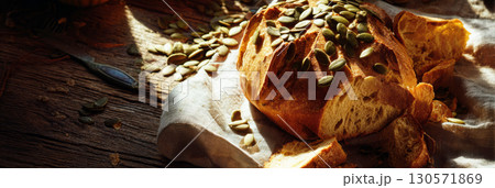 Freshly baked homemade bread adorned with roasted pumpkin seeds sits warm on a wooden surface, reflecting autumn's comforting vibes in a quaint kitchen, banner 130571869