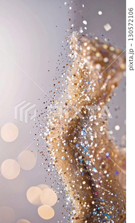 Golden Glitter Particles Floating Against Soft Bokeh Background with Sparkling Highlights 130572106