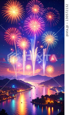 Vibrant Fireworks Display Over River Valley During Dusk Celebration Vibrant Fireworks Display Over River Valley During Dusk Celebration 130572132