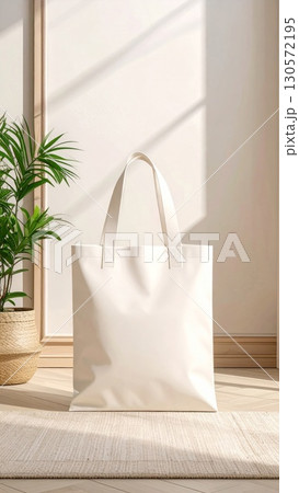 Beige Tote Bag on Rug Against White Wall with Potted Plant 130572195
