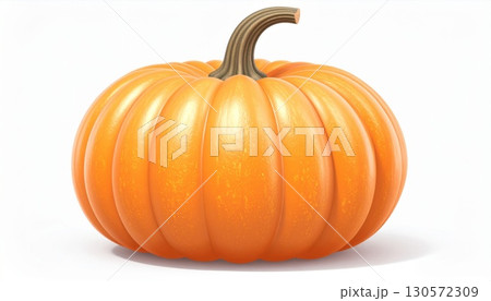 Bright Orange Pumpkin with Ribbed Texture and Sturdy Stem on White Background 130572309