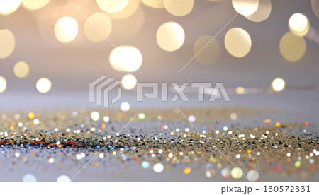 Golden Glitter on Reflective Surface with Bokeh Light Effect Background 130572331