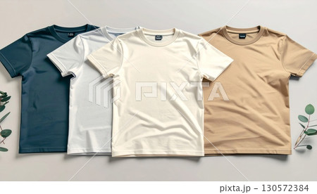 Four T Shirts in Dark Blue White Beige and Tan Colors Arranged on Gray Surface With Eucalyptus 130572384