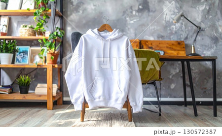 White Hoodie Displayed on Wooden Hanger with Plant and Textured Wall Background White Hoodie Displayed on Wooden Hanger with Plant and Textured Wall Background 130572387