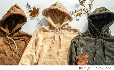 Trio of Plush Hoodies in Earth Tones with Fall Leaves on White Background Trio of Plush Hoodies in Earth Tones with Fall Leaves on White Background 130572388