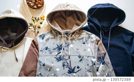 Collection of Hoodies on White Surface with Unique Designs and Colors Casual Apparel Collection of Hoodies on White Surface with Unique Designs and Colors Casual Apparel 130572389