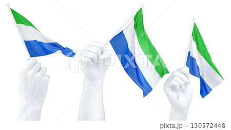 Hand holding flag of Sierra Leone. Isolated 3d Rendering 130572448