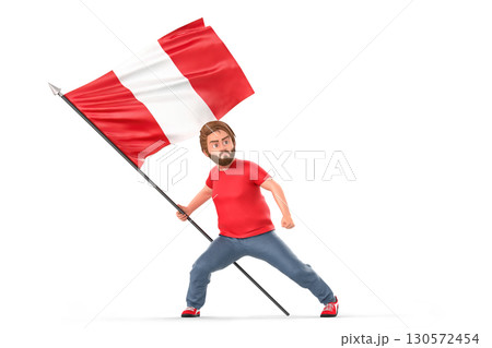 Patriotic cartoon character gripping Peruvian flag, representing cultural pride and national spirit. 3D Rendering 130572454