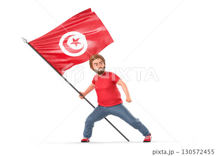 Tunisian flag waving, cartoon man showcasing patriotic spirit and cultural pride. 3D Rendering 130572455