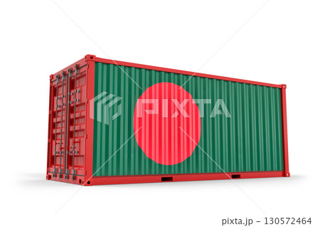 Metal freight container bearing Bangladeshi flag, painted green and red, waiting near cargo vessel. 3D rendering Metal freight container bearing Bangladeshi flag, painted green and red, waiting near cargo vessel. 3D rendering 130572464