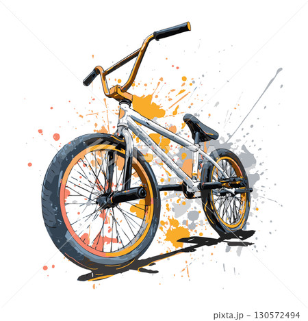 BMX bike illustration with paint splashes and bold freestyle sport background. Extreme sport theme. 130572494