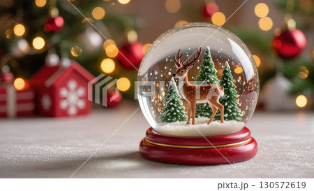 Christmas snow globe with a reindeer and snowy pine trees inside, standing on red base with festive lights and holiday decor in the background. 130572619