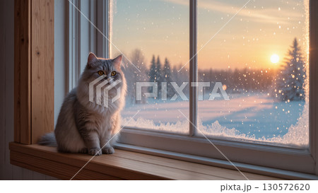 Fluffy gray cat sitting on a wooden windowsill watching snowfall outside during winter sunset with frosted glass and snowy forest view. 130572620