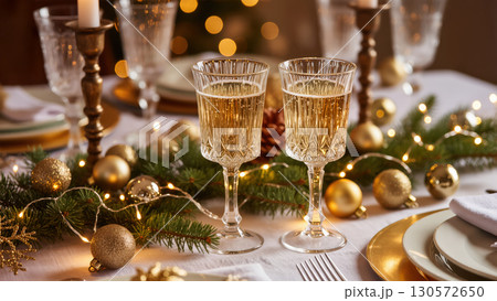 Christmas table setting with golden glasses of champagne, festive ornaments, candles, and pine garland, creating an elegant holiday dining atmosphere. 130572650