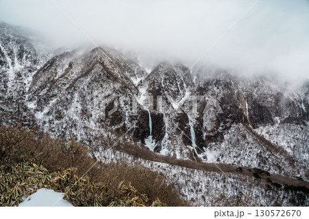 Snowy cliffs and frozen waterfalls on Yeongsil Trail, Hallasan, Jeju Island, South Korea 130572670