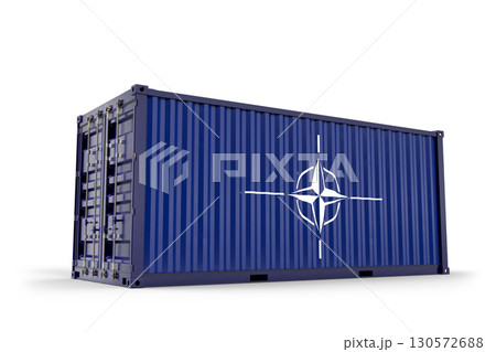 Blue shipping container displaying NATO symbol, representing military logistics, international cooperation, and global security. 3d Rendering 130572688