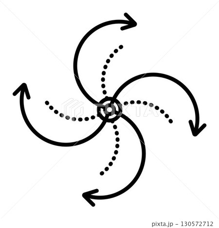 Recycling of products, cyclicality of events, natural phenomena, spiral with arrows. Black line vector icon. Outline monochrome sign 130572712