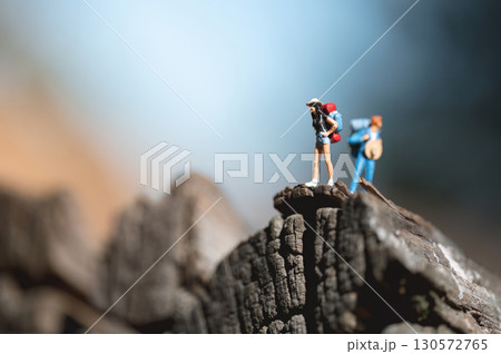 Miniature hikers conquering the summit: achieving goals together 130572765