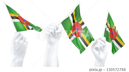 Hand holding flag of Dominica. Isolated 3d Rendering 130572788