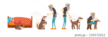 Cool Grandfather and His Dog in Different Situation Vector Set 130572812
