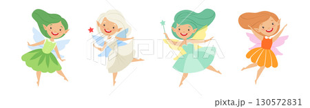 Cute Girl Fairy with Wings and Pretty Dress Vector Set 130572831