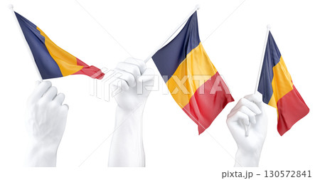 Hand holding flag of Chad. Isolated 3d Rendering 130572841