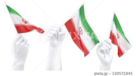 Hand holding flag of Iran. Isolated 3d Rendering 130572845