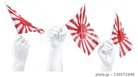 Hand holding Imperial Japanese flag. Isolated 3d Rendering Hand holding Imperial Japanese flag. Isolated 3d Rendering 130572846
