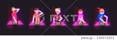 DJ Man and Woman Character with Headphone Mixing Music in Club Vector Set DJ Man and Woman Character with Headphone Mixing Music in Club Vector Set 130572853