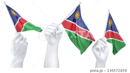 Hand holding flag of Namibia. Isolated 3d Rendering 130572859